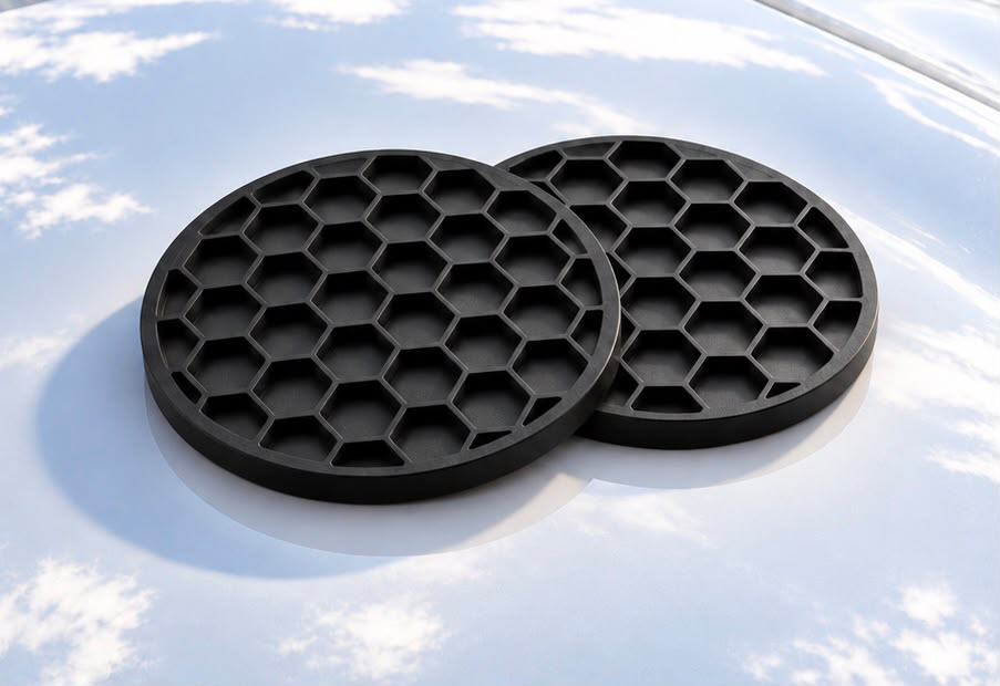 Zwei GearVibe Cupholder auf einer weissen Motorhaube